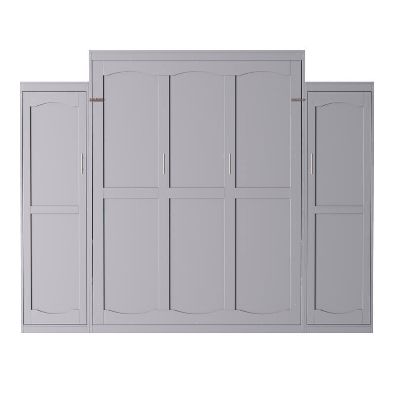 Full Size and Queen Size Murphy Bed, Wooden Queen Wall Bed with 2 Wardrobe and Storage Shelf