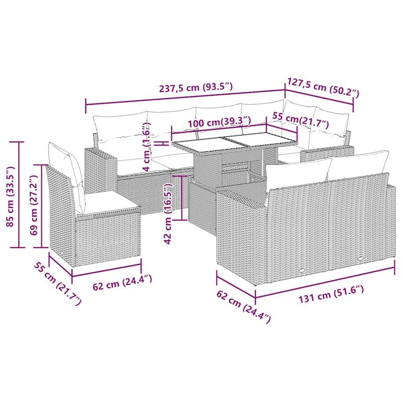 vidaXL Patio Sofa Set with Cushions and Table Outdoor 9 Piece Poly Rattan