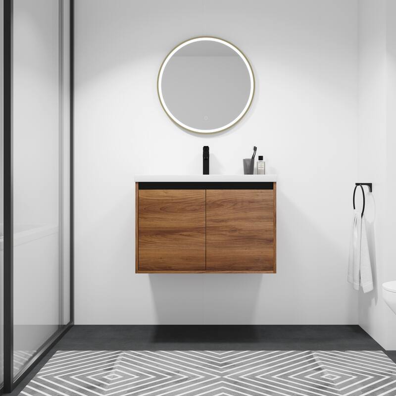 Fully Assembled Black 30 Inch Bathroom Vanity with Ceramic Countertop Sink, Oak 2 Doors Bathroom Cabinet Set - Oak