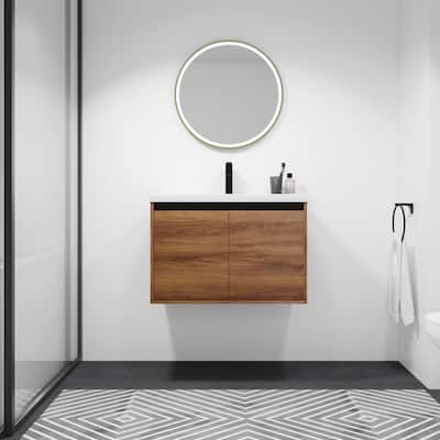 Fully Assembled Black 30 Inch Bathroom Vanity with Ceramic Countertop Sink, Oak 2 Doors Bathroom Cabinet Set