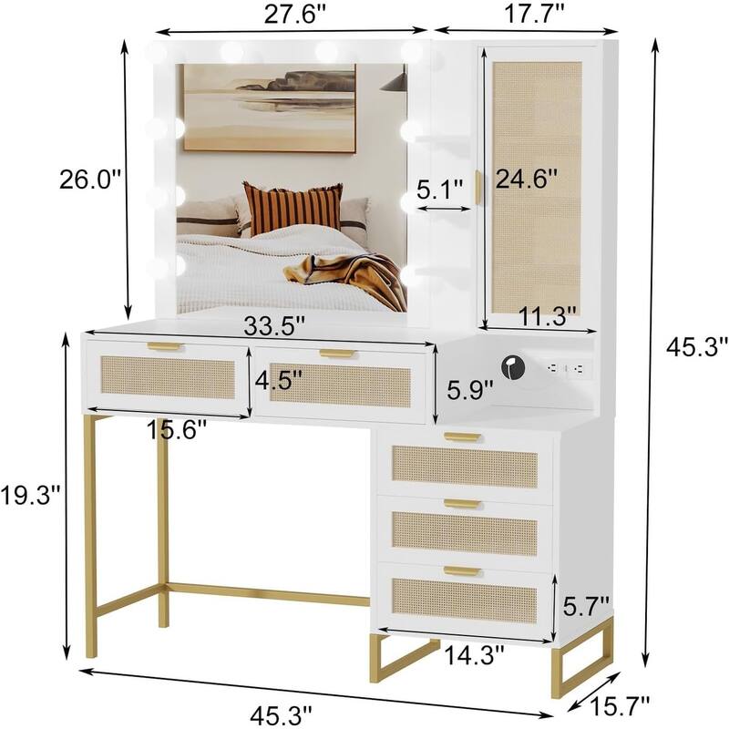 Modern Makeup Vanity Desk with Lighted Mirror, Power Outlets & Storage, Wood Fluted Dressing Table for Bedroom