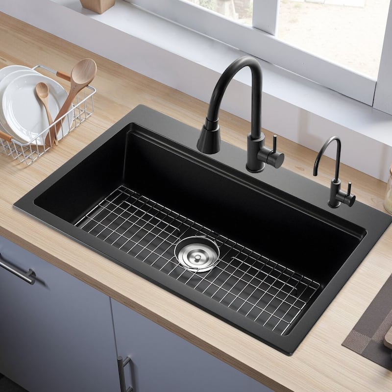 33" Top-Mount Black Kitchen Sink Granite Single Bowl with Roll-Up Rack and Cutting Board - 33" x 22" x 10"