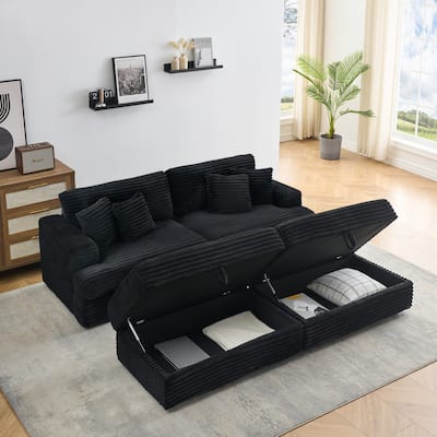 Corduroy Sleeper Sectional Sofa Loveseat Couch with 2 Storage Ottomans