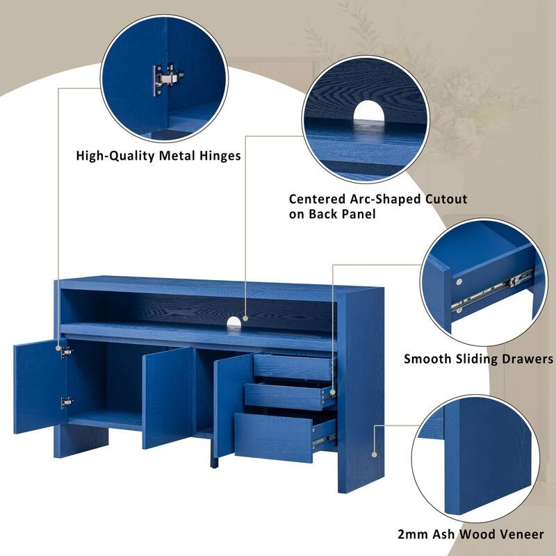 Modern 60" 3-Door Sideboard with 3 Drawers Solid Ash Veneer and Multi-Function Semi-Open Shelf