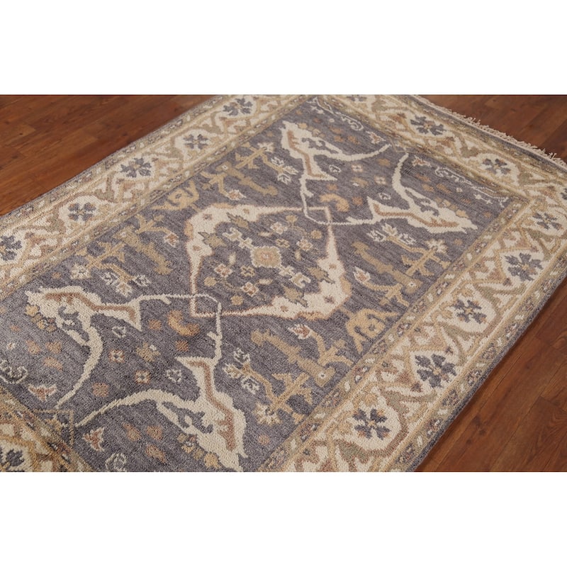 Transitional Oushak Indian Area Rug Hand-Knotted Wool Carpet - 4'1"x 5'11"