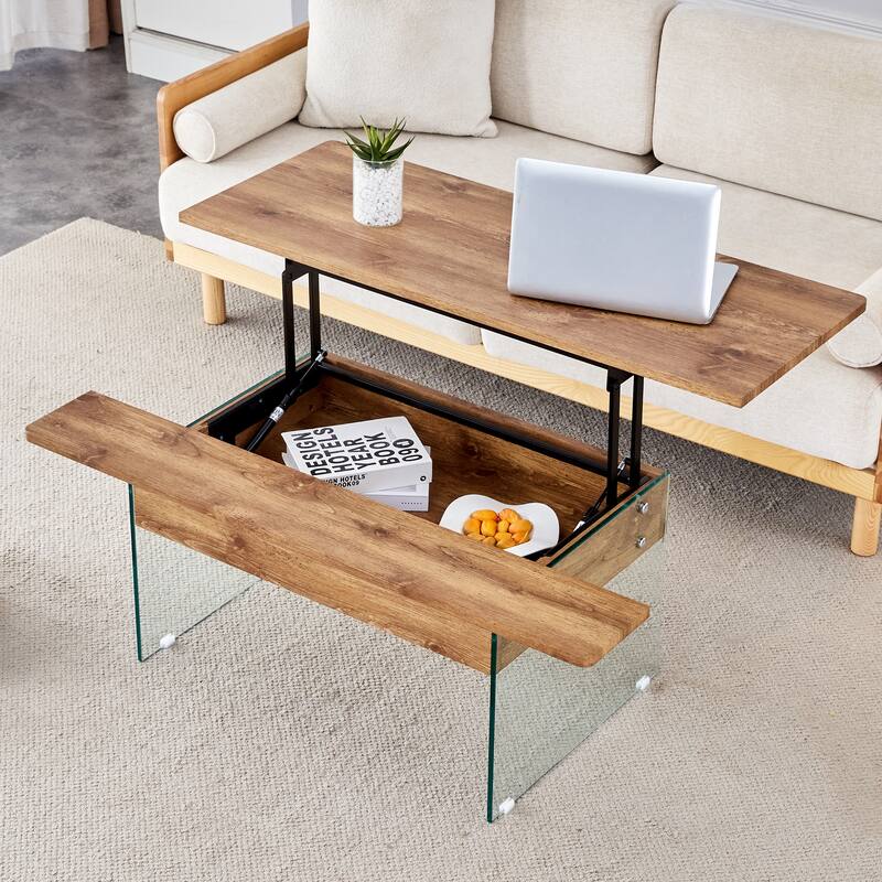 Anmytek Lift Top Coffee Table with Storage Wood Texture Modern Convertible Desk for Small Space Living Room