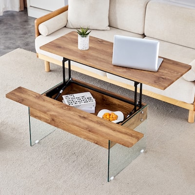 Multifunctional Lift-Top Coffee Table with Tempered Glass Legs, Rectangular Living Room Table 2-Tier Center Table