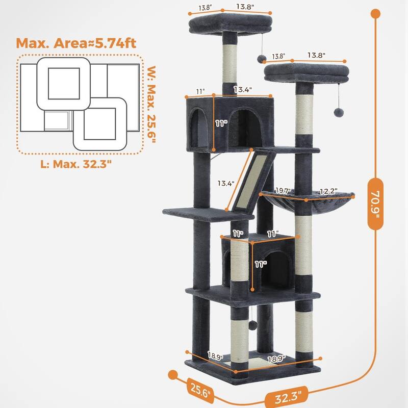 Large cat tree with apartment, hammock and toy ball