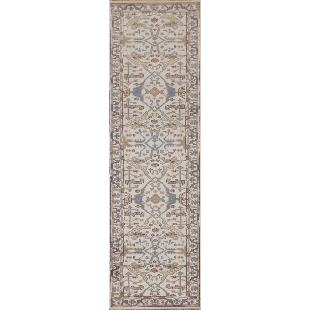 Beige / Ivory Oushak Oriental Runner Rug Hand-Knotted Wool Carpet - 2'7"x 11'11"