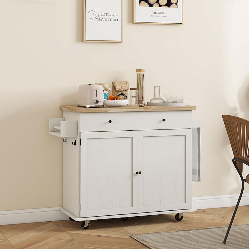 Kitchen Island with Rubberwood Top, Rolling Kitchen Cabinet with Drawer, Kitchen Cart with Spice Rack