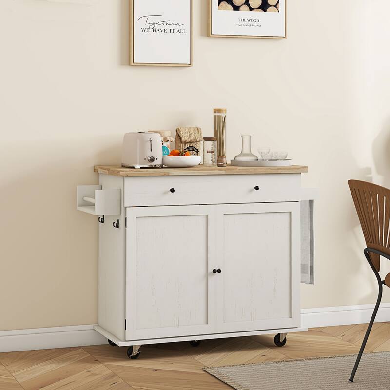 Kitchen Island with Storage, Farmhouse Rolling Kitchen Island cart on Wheels with Drawer, 2 Cabinets, Rubberwood Top