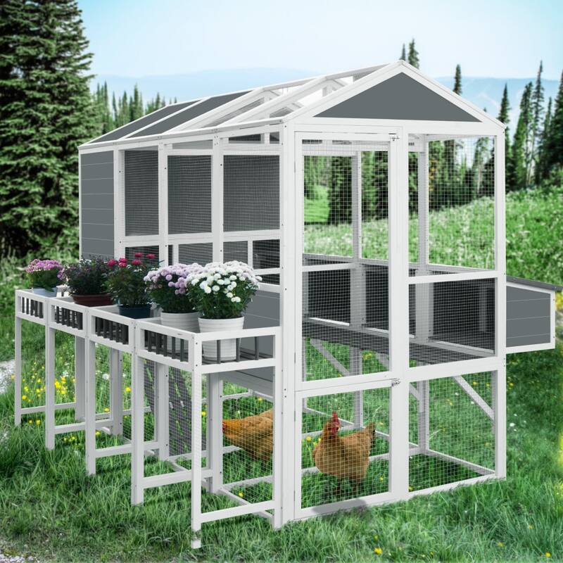 95" Wooden Walk-In Chicken Coop with Run and Nesting Boxes for 10 Hens - Grey