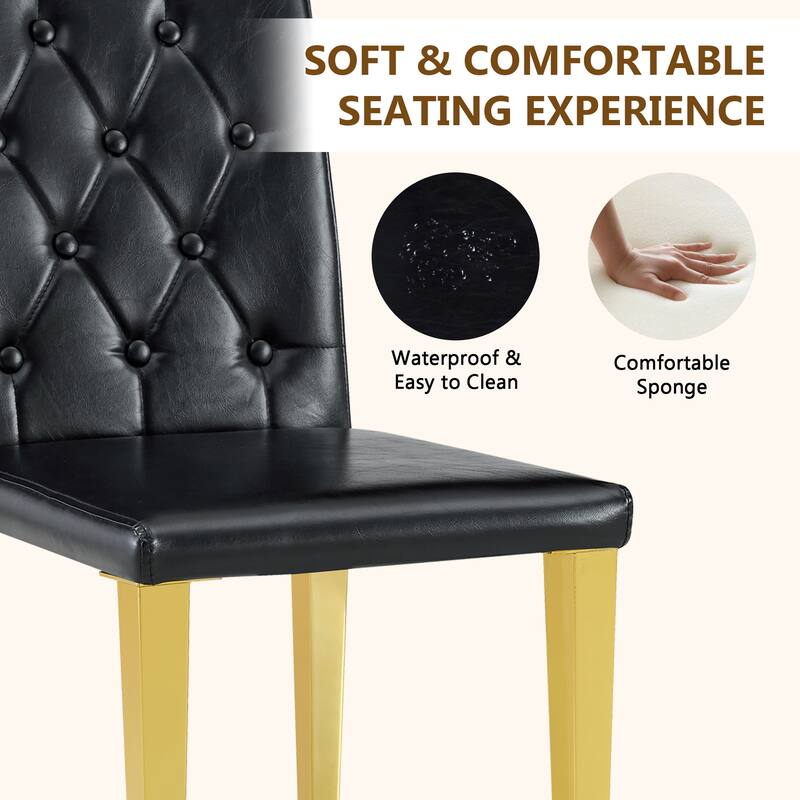 4-piece set of PU Dining Chairs: Ergonomically Designed Buckle Backrest, 35 Inches High, Gold Metal legs