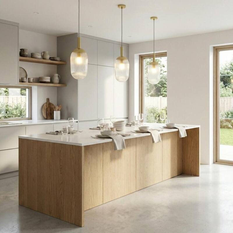 Anna Gold Modern Pendant Light with Ribbed Glass Shade