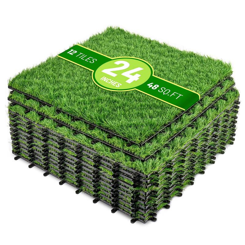 Sorbus Artificial Interlocking Grass Tiles 24"x24" For Balcony, Deck and Patio, 24Sq Ft and 48Sq Ft - 48Sq ft
