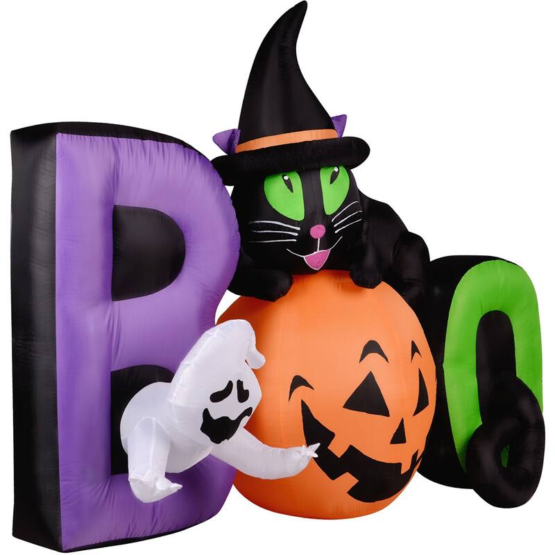 Haunted Hill Farm 5-Ft. Inflatable Pre-Lit Boo Sign with Black Cat, Jack-O-Lantern, and Ghost