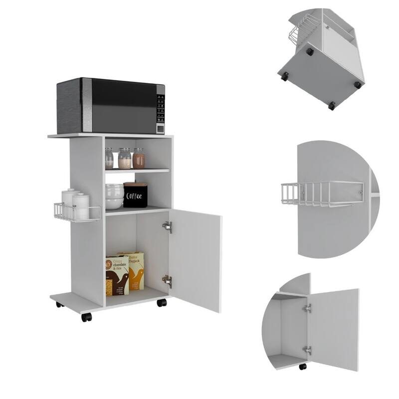 Compact Kitchen Cart with One Door Cabinet, Four Rolling Casters, and Microwave Countertop - Black Finish