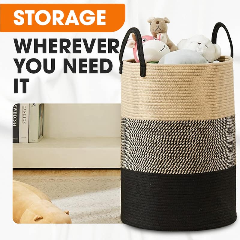 Cheer Collection Large Woven Cotton Laundry Hamper with Handles Stylish Storage Basket for Clothes Toys and Blankets
