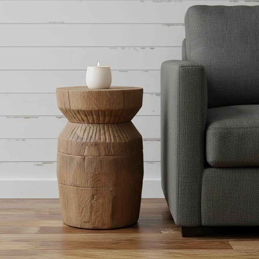 HomeRoots 19" Natural Distressed Reclaimed Wood Round Drum End Table - 13.80 in. x 19.30 in. x 13.80 in.