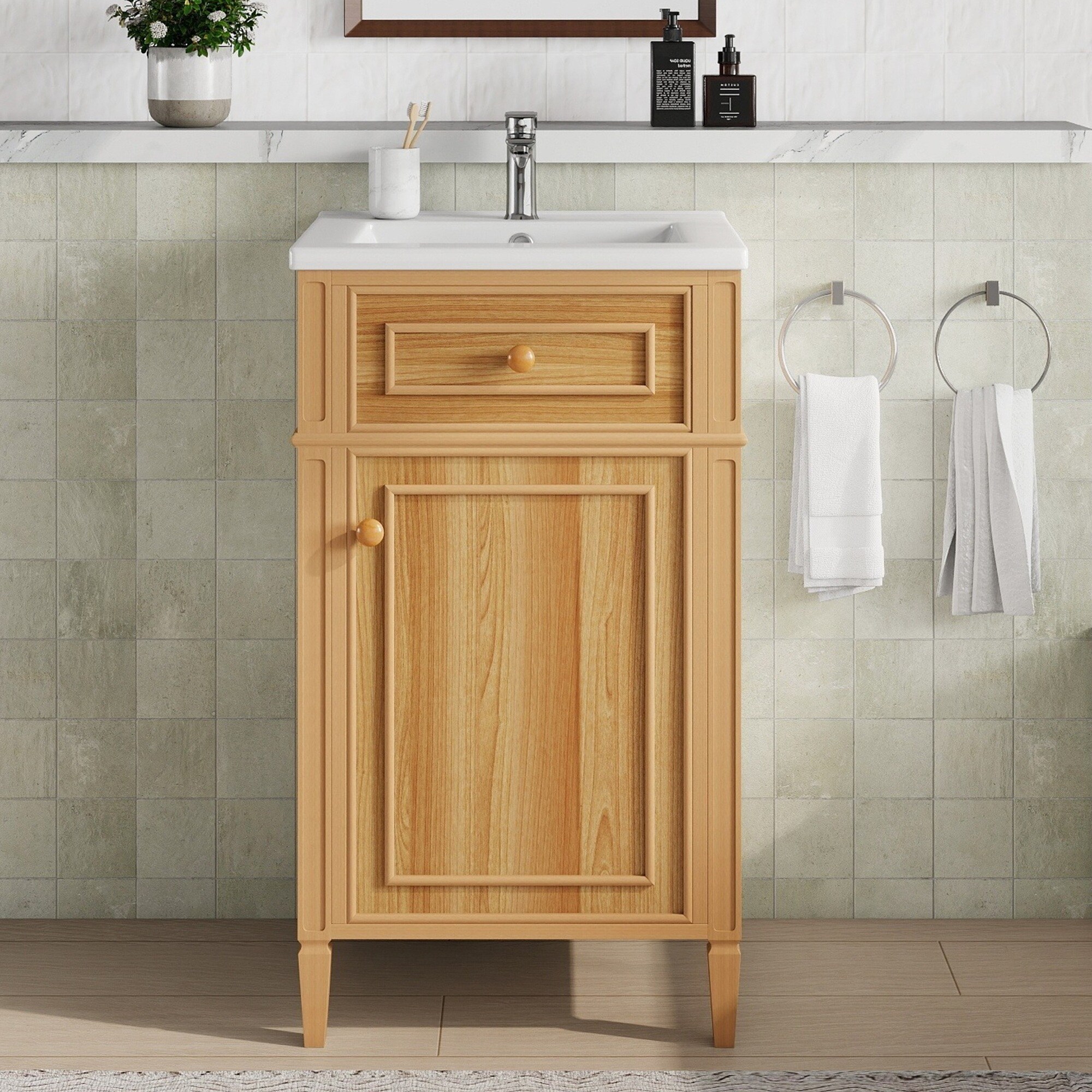 20-Inch Wood Bathroom Vanity with Sink, Solid Wood Legs, Adjustable Shelf, Tilt-Out Drawer, Wood Knobs, Modern Freestanding Cabi
