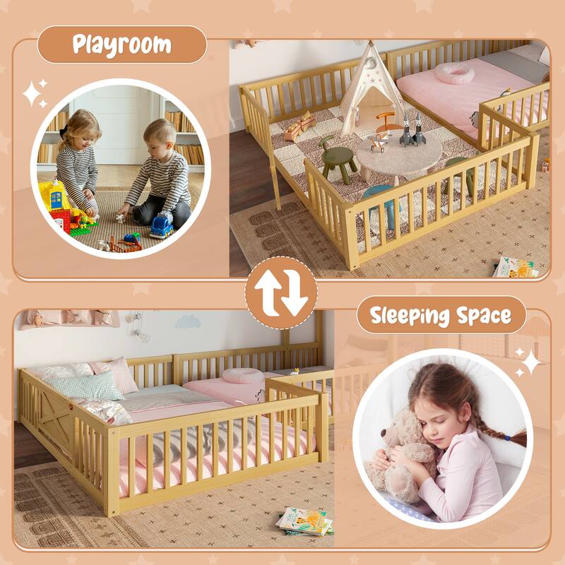 Modern House Floor Bed Frame, Double Floor Beds with Fence and Door