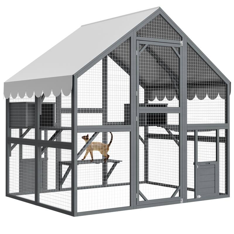 Large Outdoor Cat Catio Enclosure, Wooden Walk in Cats House Outside, Cat Shelter Kitty Cage with 2 Doors & 2 Hiding Houses