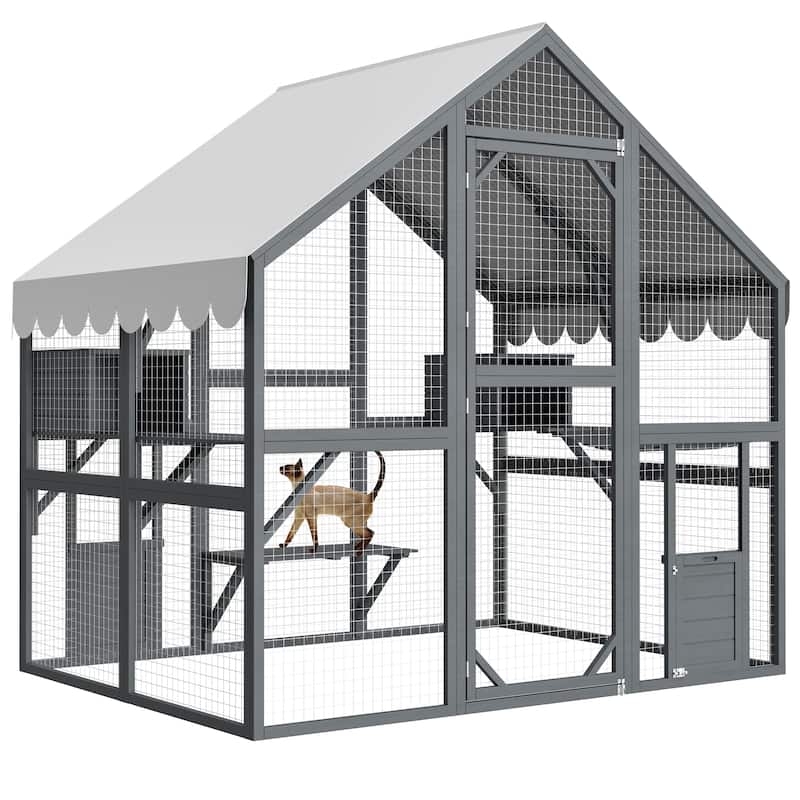Large Outdoor Cat House - 28ft² Walk-In Wooden Catio with Cat Doors, Playpens, Bridges & Roof, Grey