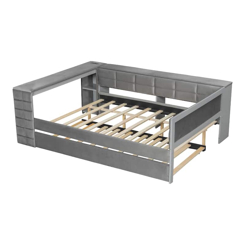 L-shaped Bed Frame with Desk,Shelves,Charging Station,and Optional Upholstered Sofa Bed with Trundle or Wood Daybed with Drawers