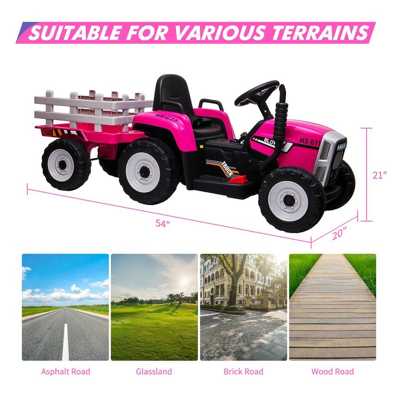 12V Kids Electric Tractor w/Remote Control Treaded Tires,Battery Powered Ride On Tractor with Trailer & 2+1-Gear-Shift
