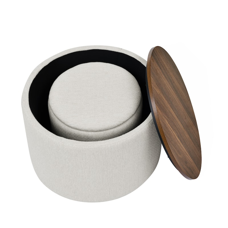 2Piece Set Round Chenille Storage Ottoman, Equipped with a Drum Shaped Small Stool