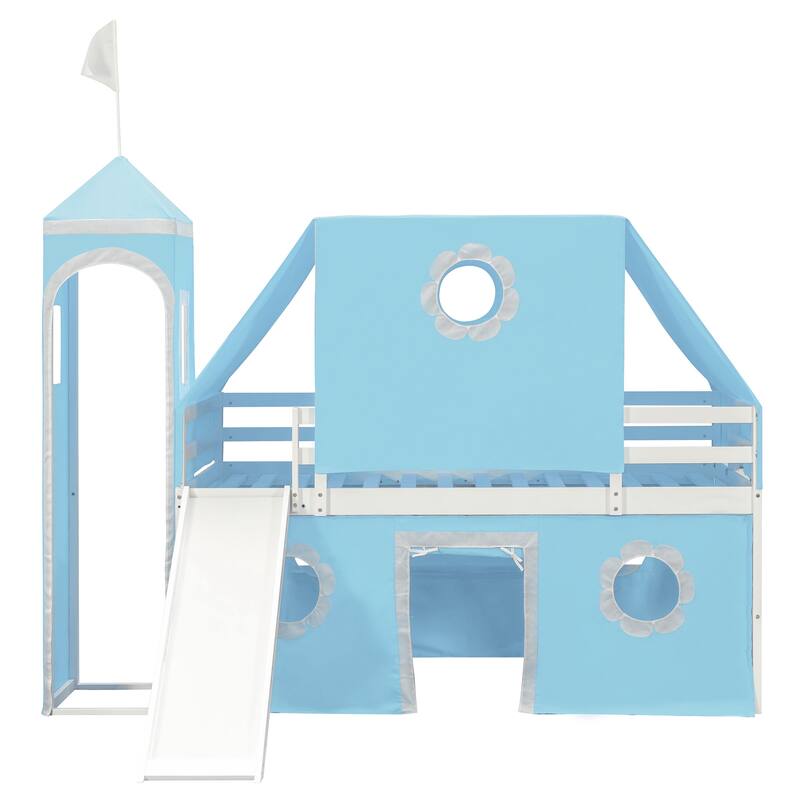 Kids Loft Bed Bed Castle-Shaped Bunk Bed with Slide and Safety Guardrail, Playhouse Bed with Tent & Tower Decor for Kids
