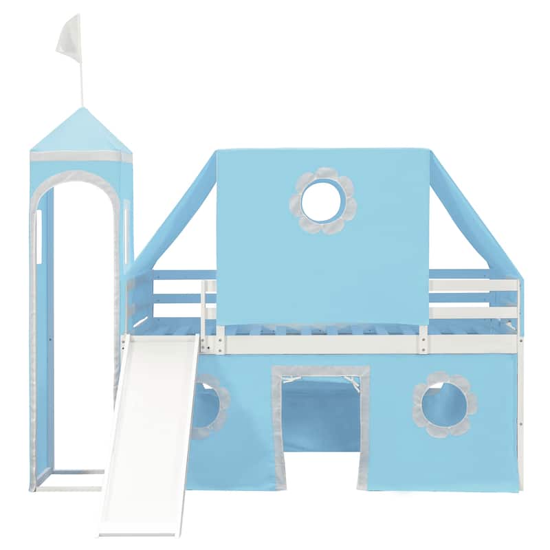 Twin Playhouse Loft Bed with Bed Tent and Semi-enclosed Underbed Space