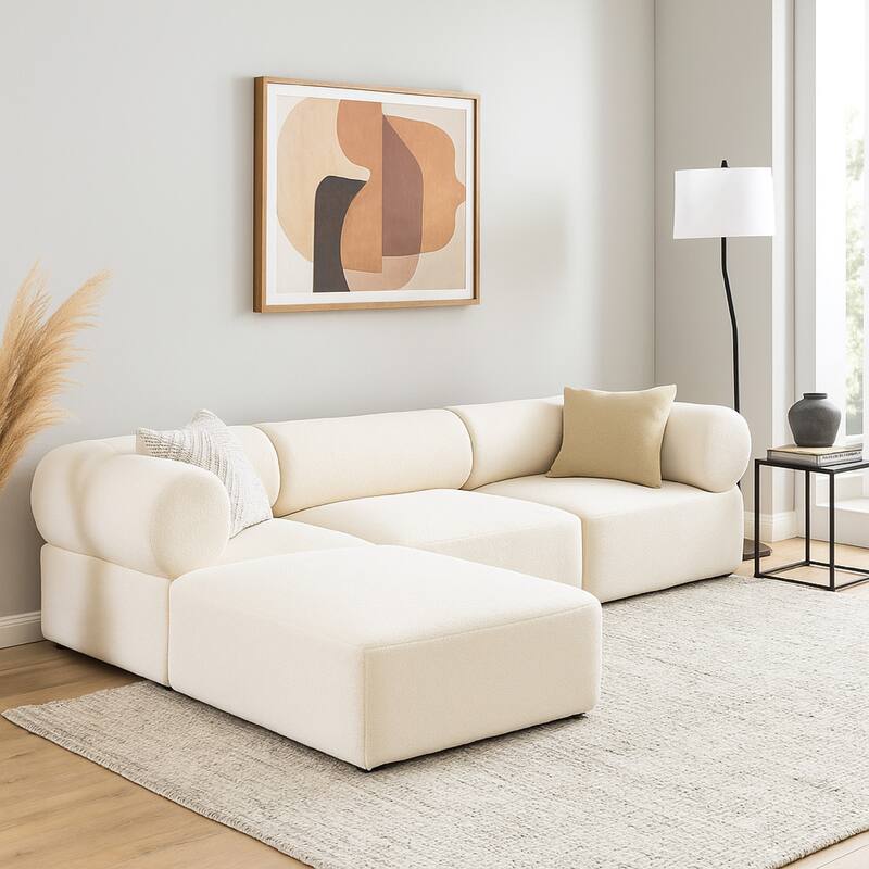 Zey 4pc Modular Sectional Sofa w/ Reversible Chaise Ottoman Set, Ivory Sherpa