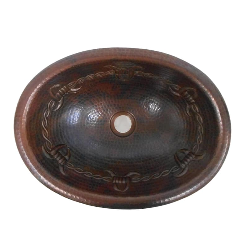 16" Oval Copper Bathroom Sink with Barbed Wire Design by SimplyCopper - 16" X 12" X 4.5"