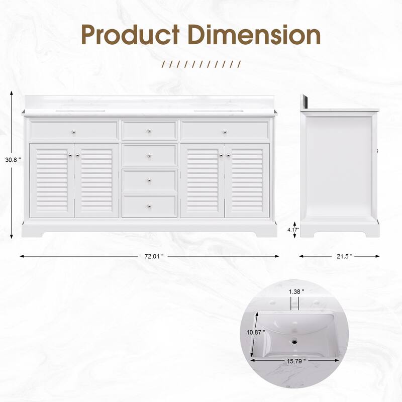 72-Inch Solid Wood Double Sink Bathroom Vanity with Louvered Doors – Classic Coastal Style and Ample Storage