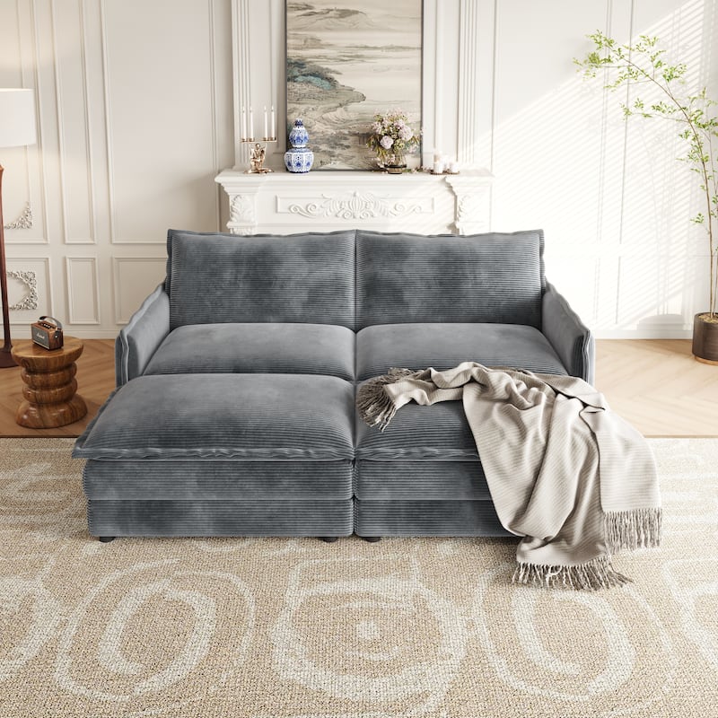 Corduroy Cloud Sleeper Sofa Bed Modular Sectional Sofa with Chaise Lounge Living Room Loveseat Couch with 2 Ottomans