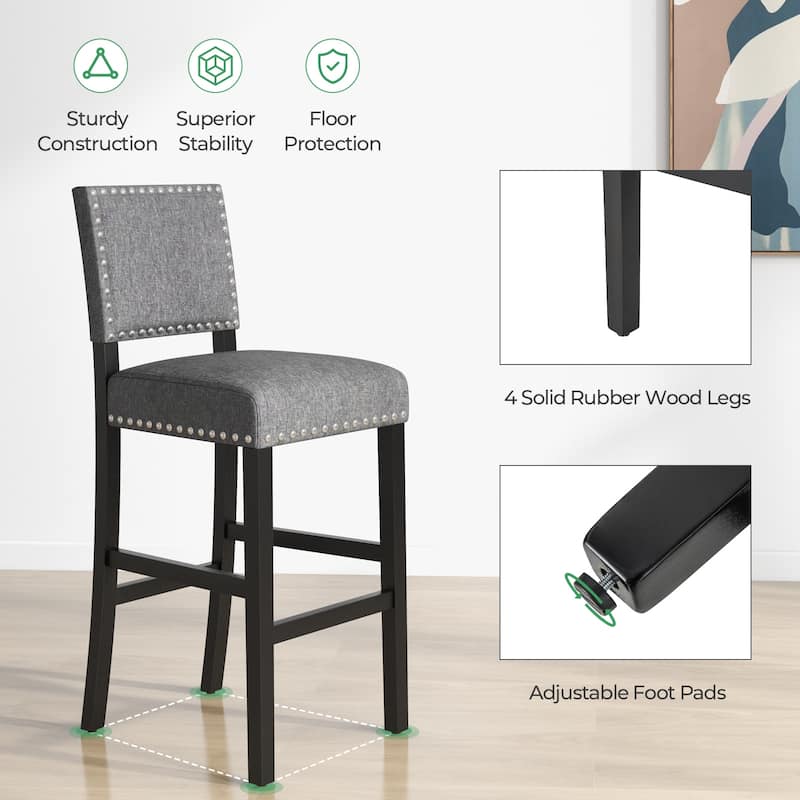 Set of 2 Counter Height Bar Stools with Footrest and Rubber Wood Frame Comfortable Seating