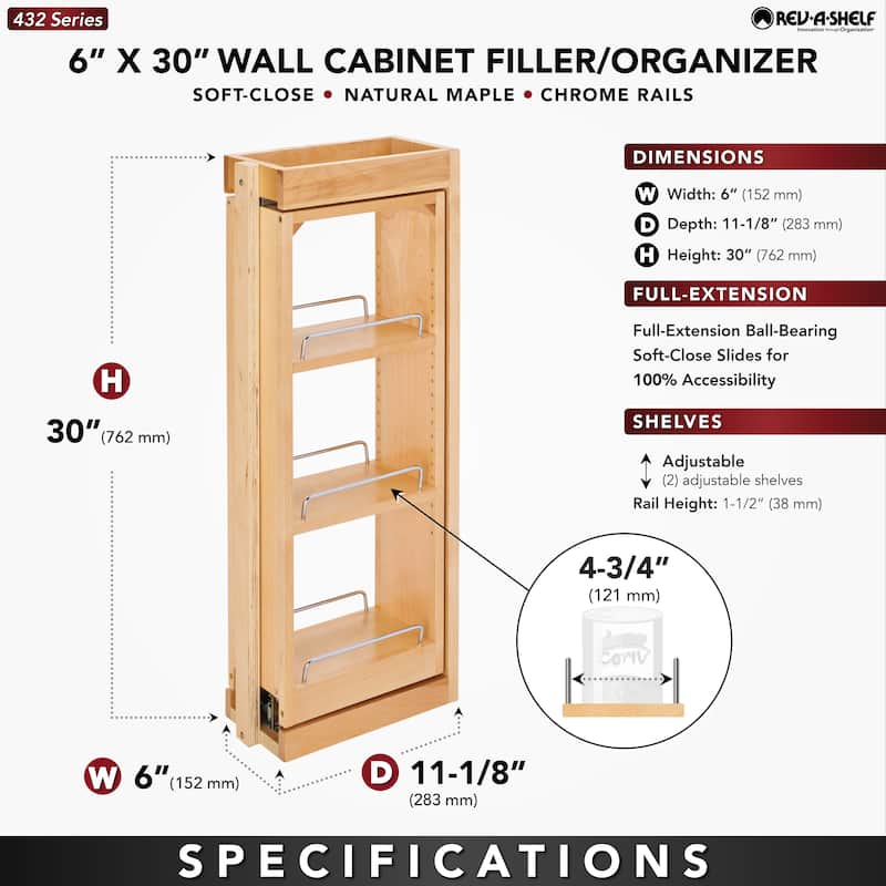 Rev-A-Shelf 3" Pullout Wall Filler w/ Soft-close, 30" Height, 432-WFBBSC30-3C