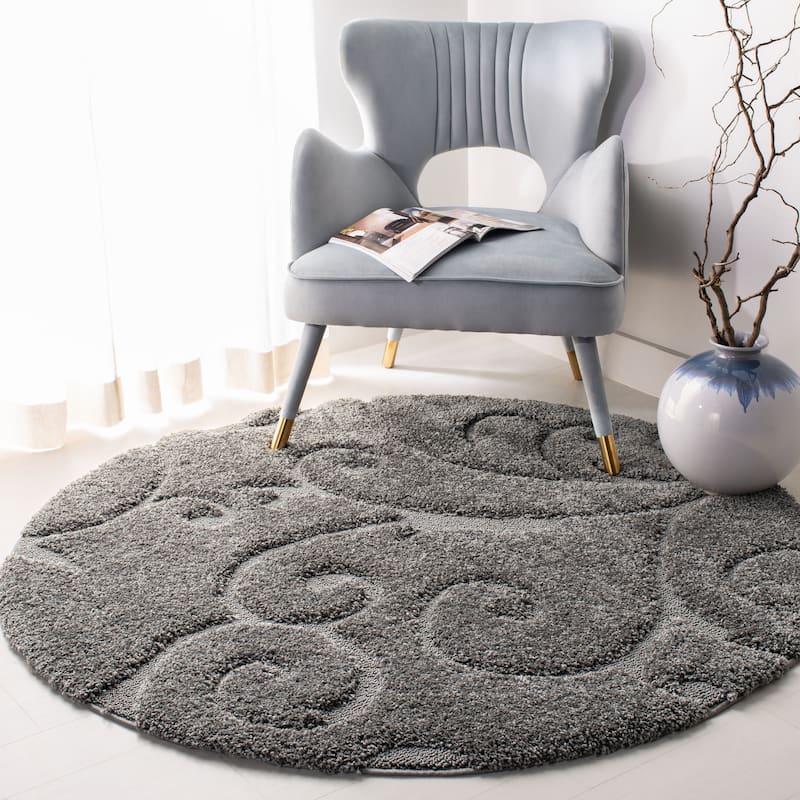 SAFAVIEH Florida Shag Shahin Scroll 1.2-inch Thick Textured Rug - 5' x 5' Round - Grey