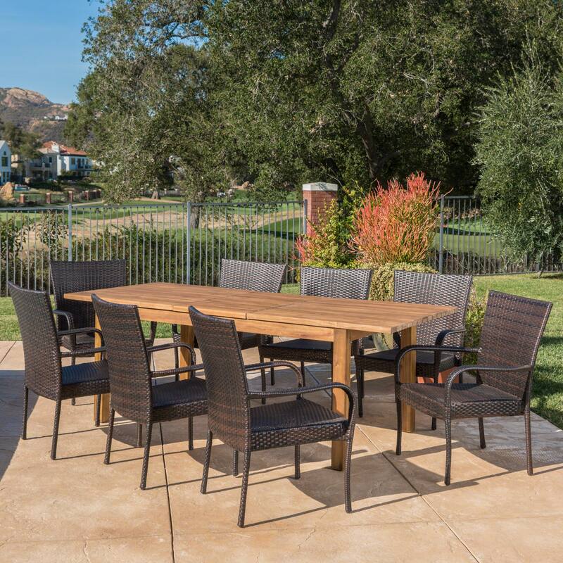 Christopher Knight Home Lambert Outdoor Wicker and Wood Expandable Rectangular Dining Set
