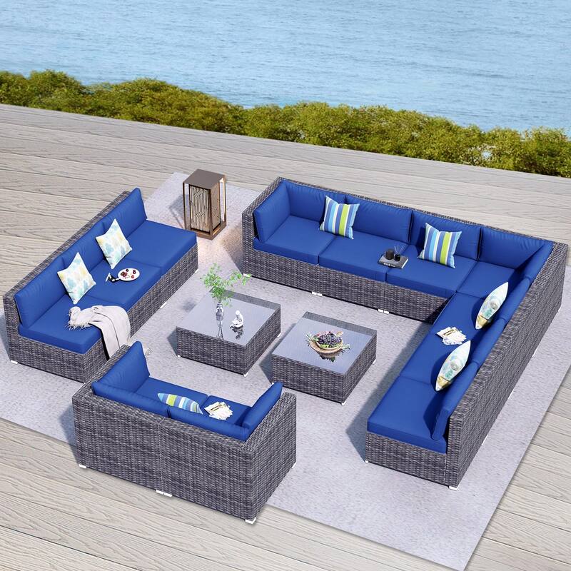 OVIOS 14-piece Deep Seat Wicker Conversation Sectional Set with Glass-top Table - Navy Blue