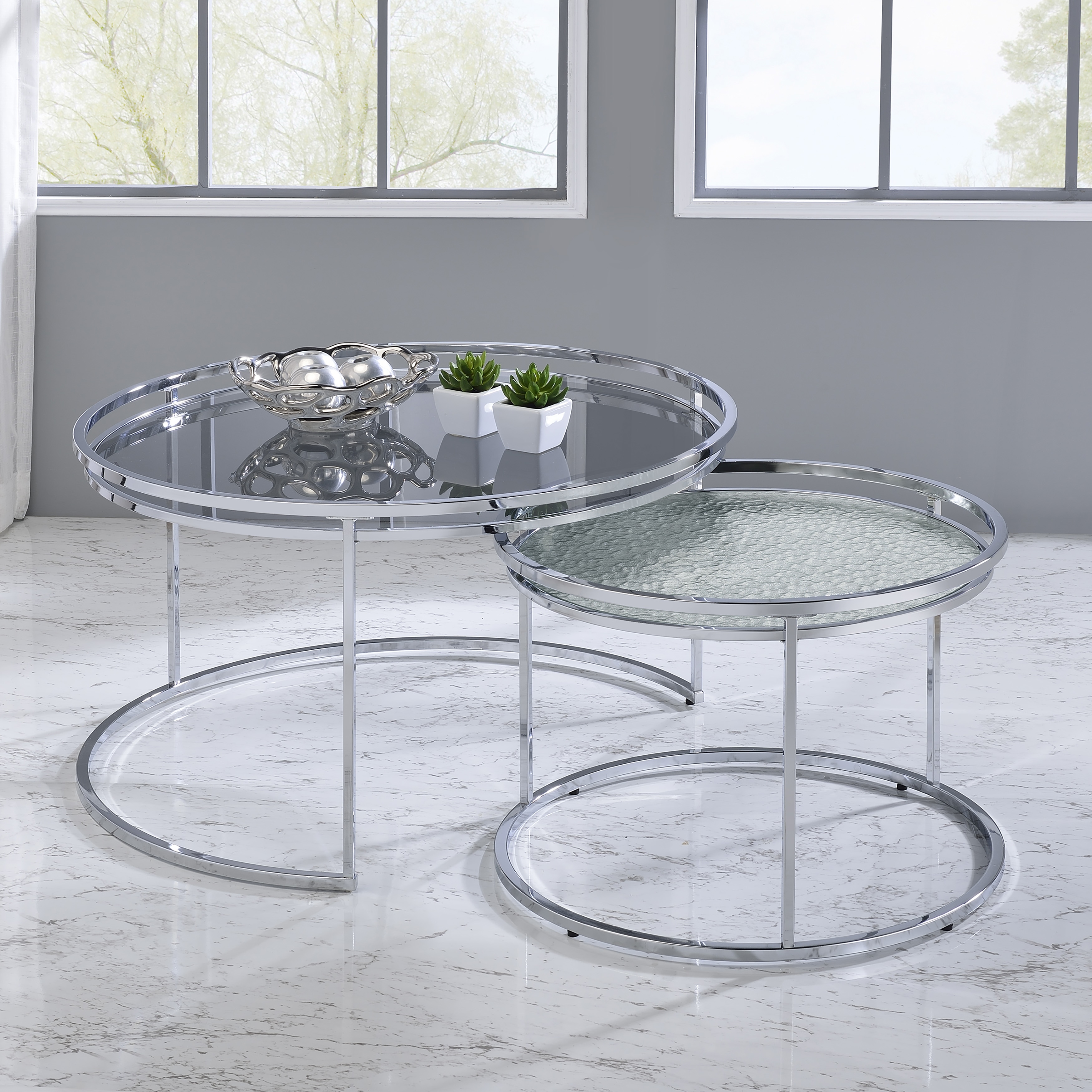 Furniture of America Elema Glam Chrome Glass Top 2-Piece Nesting Tables Set