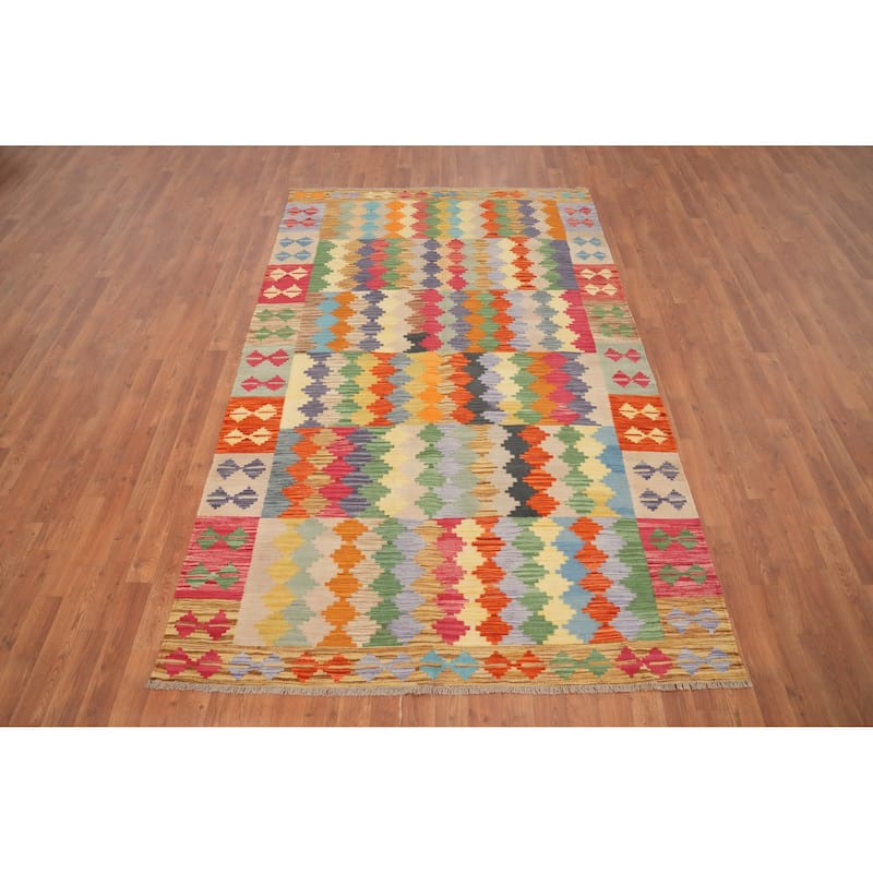 Hand Woven Oriental 100% Wool Carpet Southwestern Modern Multi-Colored Kilim Area Rug - 8' 3'' X 5' 1''