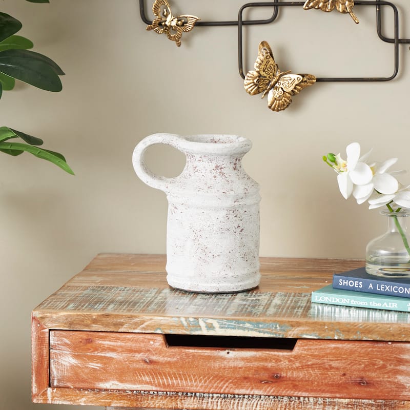 White Ceramic Antique Style Textured Decorative Vase with Terracotta Accents and Ring Handle - White