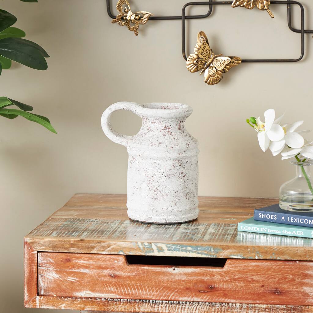White Ceramic Antique Style Textured Decorative Vase with Terracotta Accents and Ring Handle