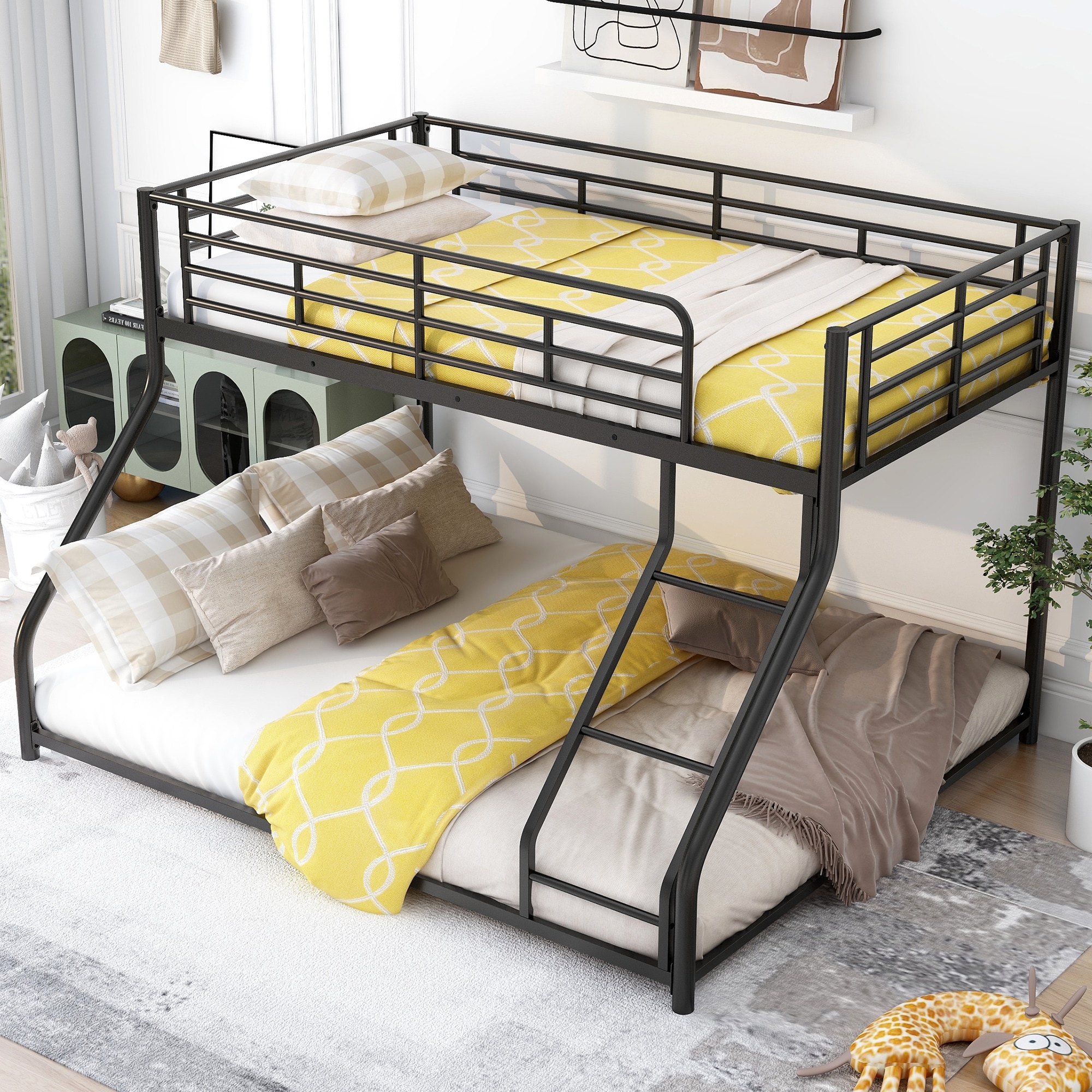 Metal Floor Bunk Bed Twin XL over Queen Bed with Ladder and Full Length Guardrail Top Bunk Black