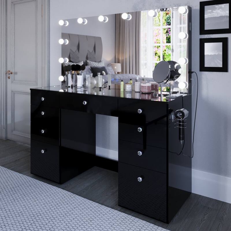 Boahaus Premium Makeup Vanity Desk Full-Width LED Mirror, Bluetooth Speakers 11 Drawers