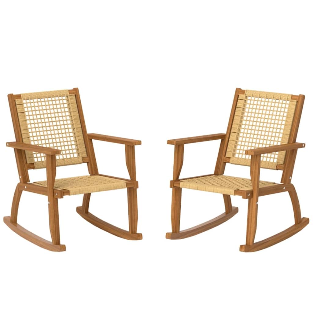 Khaki Acacia Wood PE Wicker Rocking Chairs Set of 2 with Foot Pads - 24" W x 33.5" D x 35.4" H