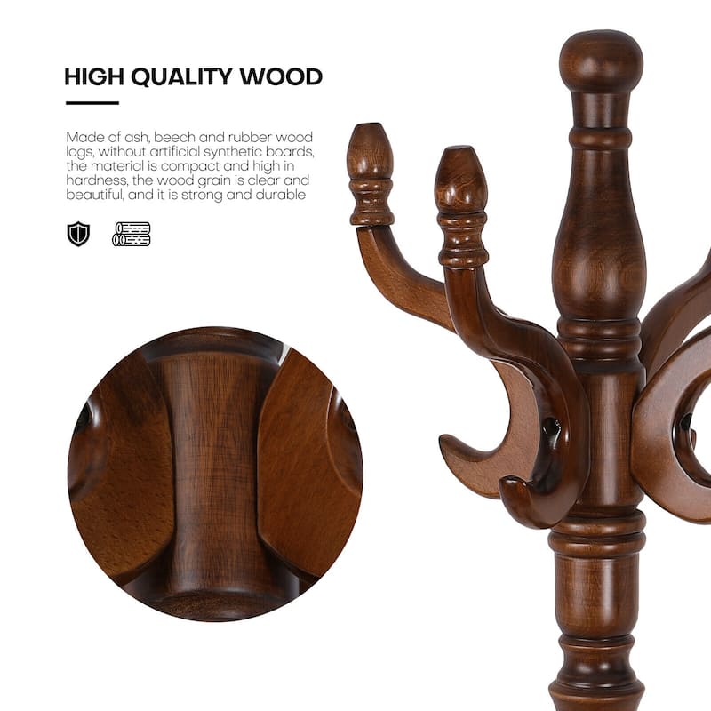 Creative Solid Ash Wood Freestanding Coat Rack with 8 Hooks