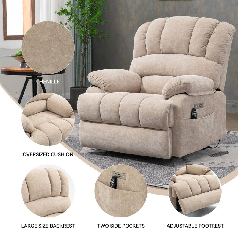 Roomfitters Oversized Power Lift Recliner Chair, Electric Massage Sofa with Heat & USB, Large Chenille Stand Up Armchair